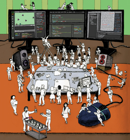 Illustration of tiny people on a computer desk, working and manipulating the mouse and webcam